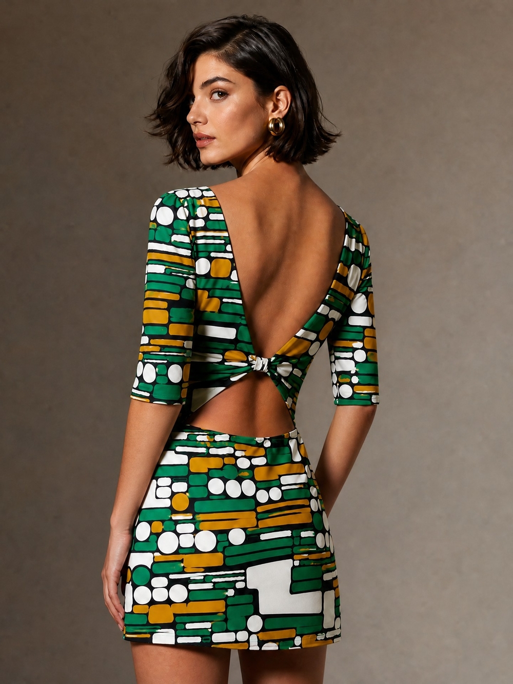 Trac Abstract Geometric Faux Wrap Mini Dress | Size Large | Open Back